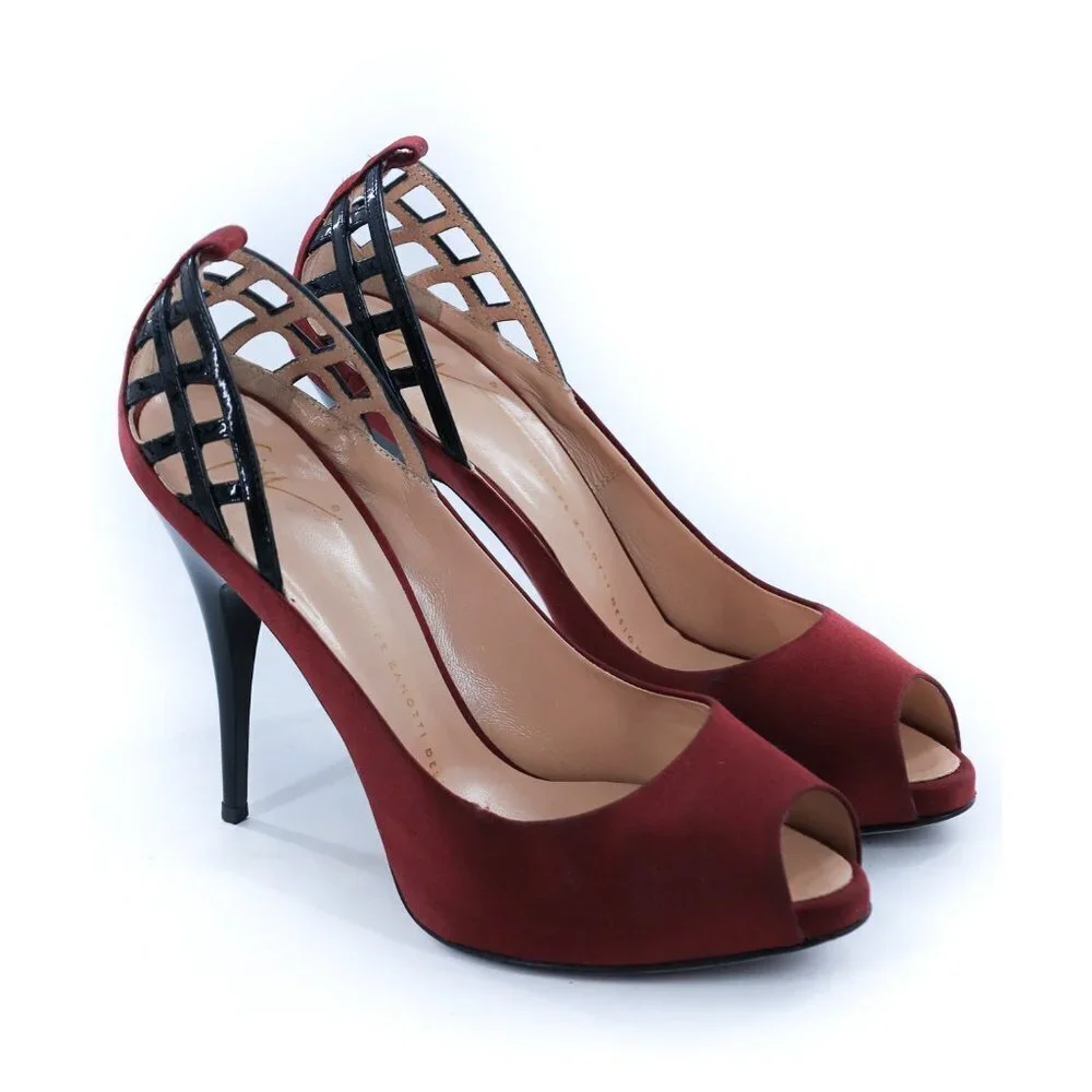 GIUSEPPE ZANOTTI Burgundy Caged Satin Peep Toe Pumps Heels